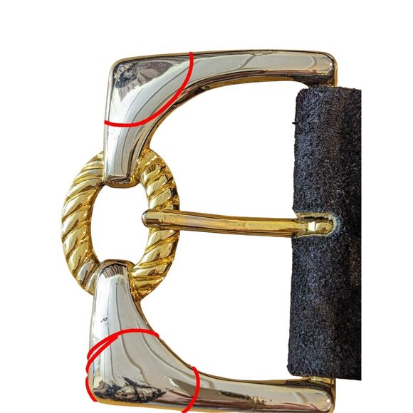 Vintage Womens Leather Belt Black Velvet Upper 28 in- 32 in Gold Buckle Med Wide - Picture 5 of 6